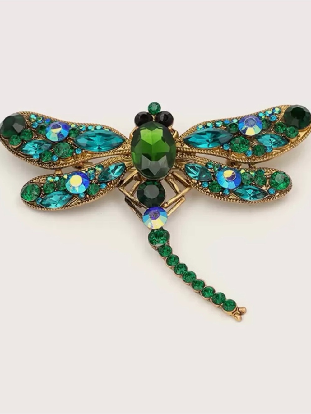Gold-Tone Green Crystal Dragonfly Brooch